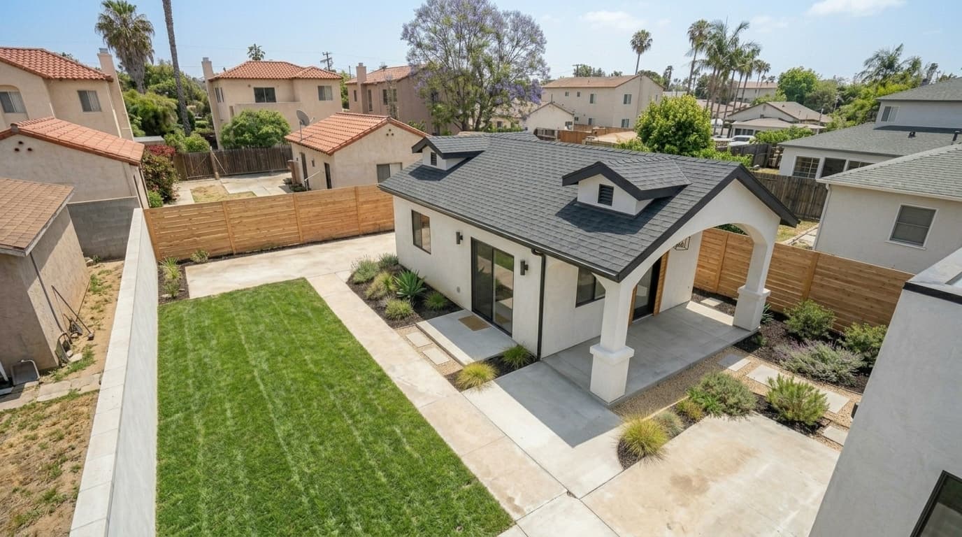 Finished backyard ADU with white stucco walls, black windows and an arched entry porch