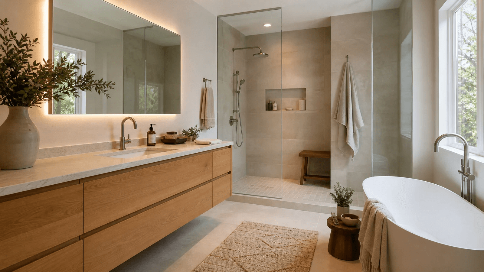 Remodeled bathroom with a floating white-oak vanity, a walk-in glass shower and a freestanding soaking tub