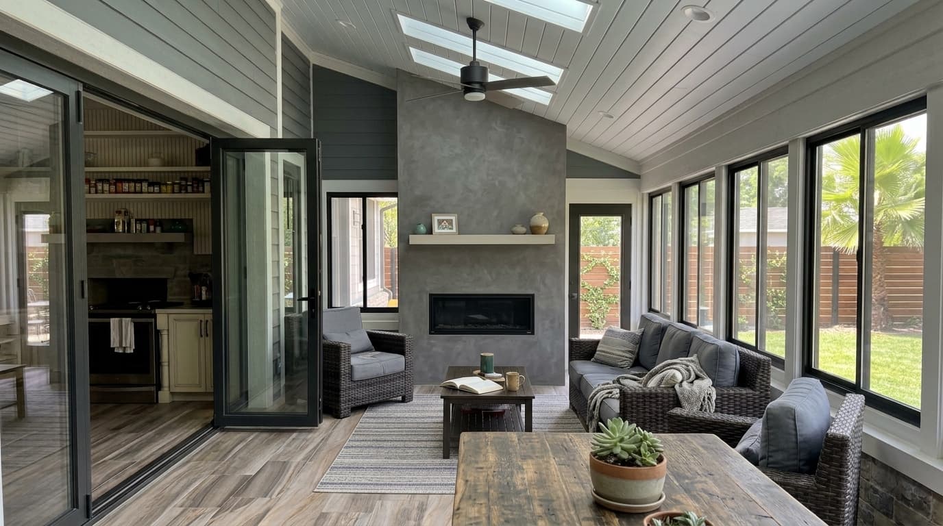 Sunroom addition with a vaulted ceiling and skylights, a fireplace wall, a row of black-framed windows and bifold glass doors into the house