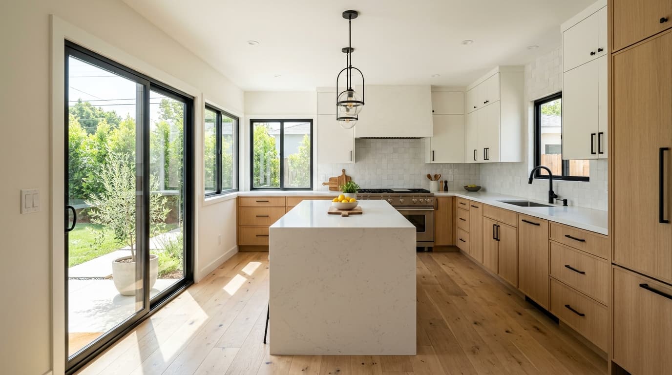 Remodeled kitchen with white-oak cabinets, a white quartz island, a zellige-tile backsplash and black-framed sliding doors to the garden